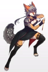 Size: 1827x2699 | Tagged: safe, artist:pgm300, oc, oc only, oc:fhyra (fhyrrain), canine, mammal, wolf, anthro, amber eyes, bottomwear, breasts, cleavage, clothes, dagger, digital art, dress, ears, female, fur, gray hair, hair, heterochromia, legwear, looking at you, paws, red eyes, simple background, solo, solo female, stockings, tail, tan body, tan fur, thick thighs, thighs, weapon, white background
