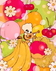 Size: 1280x1617 | Tagged: safe, artist:sighsra, k.k. slider (animal crossing), canine, dog, jack russell terrier, mammal, terrier, semi-anthro, animal crossing, nintendo, 2023, 2d, apple, banana, cherry, flower, food, fruit, guitar, male, musical instrument, on model, peach, pear, plant, solo, solo male