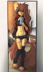 Size: 1772x2910 | Tagged: safe, artist:tinygaypirate, oc, oc only, oc:apogee (tinygaypirate), canine, dog, mammal, anthro, 2022, 2d, adorasexy, belly button, bottomwear, brown eyes, brown hair, cell phone, claws, clothes, crop top, cute, digital art, ears, featured image, feet, female, fur, hair, legs, legwear, looking at you, midriff, orange body, orange fur, paws, phone, selfie, sexy, short shorts, shorts, smartphone, solo, solo female, tail, tank top, tattoo, thigh gap, thigh highs, toe claws, toes, topwear, tribal markings, wide hips