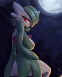 Size: 2250x2800 | Tagged: safe, artist:cooliehigh, fictional species, gardevoir, anthro, nintendo, pokémon, 2020, bedroom eyes, bottomwear, breasts, butt, clothes, detailed background, digital art, dress, ears, eyelashes, female, hair, looking at you, looking back, looking back at you, moon, night, rear view, solo, solo female, thighs, wide hips