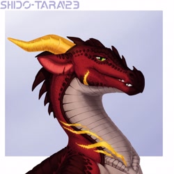 Size: 2800x2800 | Tagged: safe, artist:shido-tara, oc, dragon, fictional species, reptile, skywing, feral, wings of fire (book series), border, bust, commission, female, gold, green eyes, horn, portrait, red body, scar, simple background, smirk, white border