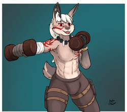 Size: 512x453 | Tagged: safe, artist:phelpsfilchat, oc, canine, hybrid, lagomorph, mammal, rabbit, wolf, anthro, 2023, arm tattoo, athletic, blonde hair, bottomwear, bracelet, brown body, brown fur, clothes, cyan background, digital art, dumbbells, ears, fur, gloves, hair, jewelry, looking at you, low res, male, muscles, necklace, pants, partial nudity, punching, red eyes, short tail, signature, solo, solo male, standing, tail, tan body, tan fur, tattoo, topless, training
