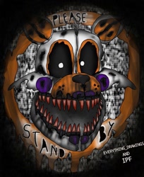 Size: 835x1024 | Tagged: safe, artist:everything_drawings, artist:insanitypurplefreak, animatronic, fictional species, robot, five nights at freddy's, 2017, abstract background, black nose, black sclera, blood, colored pupils, colored sclera, english text, head only, looking at you, nightmare lolbit (fnaf), open mouth, open smile, orange body, please stand by, semi-grimdark, sharp teeth, smiling, static, teeth, text, white body, white pupils