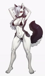 Size: 1702x2877 | Tagged: safe, artist:pgm300, loona (vivzmind), canine, fictional species, hellhound, mammal, anthro, digitigrade anthro, hazbin hotel, helluva boss, 2023, absolute cleavage, belly button, big breasts, bikini, breasts, claws, cleavage, clothes, collar, commission, ear fluff, ear piercing, female, fluff, gray hair, hair, long hair, looking at you, nipple outline, piercing, pubic fluff, simple background, smiling, smiling at you, solo, solo female, spiked collar, swimsuit, tail, tail fluff, thighs, white background, wide hips