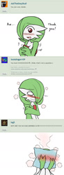 Size: 600x1629 | Tagged: safe, artist:rakkuguy, oc, oc only, oc:airalin, fictional species, gardevoir, humanoid, comic:ask airalin, nintendo, pokémon, 2014, blushing, comic, cute, embarrassed, female, pillow, red eyes, simple background, solo, solo female, text, white background