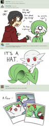 Size: 554x1442 | Tagged: safe, artist:rakkuguy, oc, oc:airalin, fictional species, gardevoir, human, mammal, ralts, humanoid, comic:ask airalin, nintendo, pokémon, 2014, baby photos, bald, clothes, comic, crying, cursed, cute, dialogue, duo, empathy, female, hat, headwear, helmet, male, simple background, speech bubble, talking, tears, text, wat, white background, younger