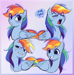 Size: 2252x2258 | Tagged: safe, artist:syrupyyy, rainbow dash (mlp), equine, fictional species, mammal, pegasus, pony, feral, friendship is magic, hasbro, my little pony, 2023, blue body, cute, dialogue, eye through hair, eyes closed, feathered wings, feathers, female, folded wings, gritted teeth, hair, high res, mane, mare, open mouth, purple background, rainbow hair, rainbow mane, simple background, smiling, solo, speech bubble, talking, teeth, wings
