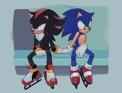 Size: 2048x1560 | Tagged: safe, artist:unmonn, shadow the hedgehog (sonic), sonic the hedgehog (sonic), sega, sonic the hedgehog (series), duo, duo male, holding, holding hands, ice skates, male, male/male, males only, shipping, sonadow (sonic)