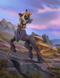 Size: 4143x5311 | Tagged: safe, artist:mithriss, oc, oc only, earth pony, equine, fictional species, mammal, pony, feral, friendship is magic, hasbro, my little pony, 2023, chains, crown, ear fluff, evil, fangs, fluff, gold, grass, headwear, high res, hooves, jewelry, male, raised leg, regalia, rock, sharp teeth, solo, stallion, sunset, teeth, wasteland