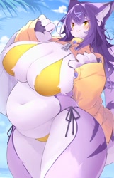 Size: 967x1500 | Tagged: suggestive, artist:huluba, cat, feline, mammal, anthro, big belly, bikini, breasts, clothes, fat, female, huge breasts, kemono, overweight, slightly chubby, solo, solo female, swimsuit, tail, thick thighs, thighs, wide hips
