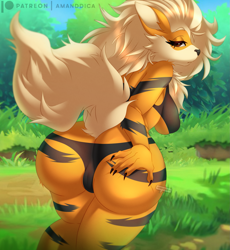 Size: 1841x2001 | Tagged: suggestive, artist:amanddica, artist:amanddicas, arcanine, fictional species, mammal, anthro, nintendo, pokémon, 2023, bedroom eyes, bikini, black nose, blushing, breasts, butt, cameltoe, chest fluff, clothes, detailed background, digital art, ears, eyelashes, female, fluff, fur, hair, looking at you, looking back, looking back at you, nipple outline, pose, rear view, sideboob, solo, solo female, swimsuit, tail, thighs, wide hips