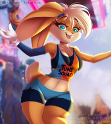 Size: 1149x1280 | Tagged: safe, artist:amanddica, lola bunny (looney tunes), lagomorph, mammal, rabbit, anthro, looney tunes, space jam, space jam: a new legacy, warner brothers, 2021, belly button, bottomwear, breasts, clothes, crop top, detailed background, digital art, ears, eyelashes, female, fur, gloves, hair, looking at you, midriff, pink nose, pose, shorts, solo, solo female, sports bra, sports shorts, tail, thighs, topwear, wide hips