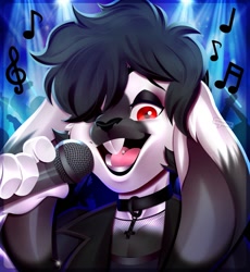 Size: 1179x1280 | Tagged: safe, artist:amanddica, oc, oc only, lagomorph, mammal, rabbit, anthro, 2020, bedroom eyes, breasts, buckteeth, commission, digital art, ears, eyelashes, female, fur, hair, looking at you, microphone, open mouth, pose, singing, solo, solo female, tail, teeth, tongue