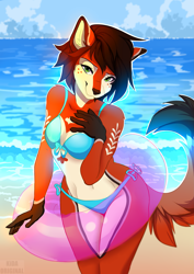 Size: 2893x4092 | Tagged: suggestive, artist:kidaoriginal, oc, oc:poppy (lavallett1), canine, fox, mammal, wolf, anthro, beach, bikini, body markings, breasts, cleavage, clothes, commission, cute, dipstick tail, female, freckles, looking at you, ocean, sand, seaside, smiling, smiling at you, swimsuit, tail, water, ych, ych result