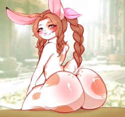Size: 3000x2814 | Tagged: suggestive, artist:rockpup241, lagomorph, mammal, rabbit, final fantasy, final fantasy vii, square enix, aerith (final fantasy), blushing, butt, female, huge butt, looking at you, looking back, looking back at you, solo, solo female, species swap, thick thighs, thighs
