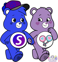 Size: 2692x2873 | Tagged: safe, artist:mrstheartist, share bear (care bears), oc, oc:creative bear, bear, fictional species, mammal, semi-anthro, care bears, care bears: unlock the magic, belly badges, care bear, cute, digital art, duo, duo male and female, eye contact, female, heart nose, holding, holding hands, looking at each other, male, medibang paint, show accurate, vector