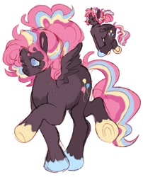 Size: 773x956 | Tagged: safe, artist:brlvet, pinkie pie (mlp), equine, fictional species, mammal, pegasus, pony, feral, friendship is magic, hasbro, my little pony, 2023, brown coat, cutie mark, feathered wings, feathers, hair, hooves, mane, multicolored hair, multicolored hooves, multicolored mane, multicolored tail, pink hair, pink mane, redesign, simple background, solo, tail, white background, wings