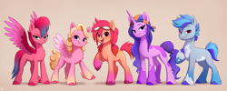Size: 5000x2000 | Tagged: safe, artist:luminousdazzle, hitch trailblazer (mlp), izzy moonbow (mlp), pipp petals (mlp), sunny starscout (mlp), zipp storm (mlp), earth pony, equine, fictional species, mammal, pegasus, pony, unicorn, feral, hasbro, my little pony, my little pony g5, spoiler:my little pony g5, 2023, blank flank, body markings, curled hair, feathered fetlocks, female, frowning, goggles, gradient hooves, hair, high res, hooves, looking at you, male, mane five (g5), mare, simple background, smiling, stallion, unshorn fetlocks, what could have been