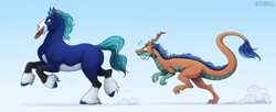 Size: 3005x1226 | Tagged: safe, artist:jenery, oc, oc only, dragon, eastern dragon, equine, fictional species, horse, mammal, feral, 2023, 2d, angry, chasing, coin, duo, duo male, funny, gradient background, male, males only, running
