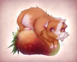Size: 1402x1128 | Tagged: safe, artist:toxyflake, guinea pig, mammal, rodent, feral, 2023, 2d, ambiguous gender, berry, cute, food, fruit, looking at you, solo, solo ambiguous, strawberry