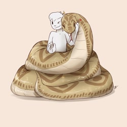 Size: 2500x2500 | Tagged: safe, artist:louart, human, mammal, reptile, snake, feral, 2022, ambiguous gender, coiling, cuddling, forked tongue, hug, nuzzling, tongue, tongue out