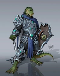 Size: 2669x3365 | Tagged: safe, artist:shamerli, lizard, reptile, anthro, armor, hammer, male, muscles, muscular male, reference sheet, scales, shield, solo, solo male, tail