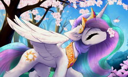 Size: 2822x1706 | Tagged: safe, artist:empress-twilight, princess celestia (mlp), alicorn, equine, fictional species, mammal, pony, feral, friendship is magic, hasbro, my little pony, 2023, cherry blossoms, chest fluff, concave belly, crown, cute, cutelestia, ear fluff, eyes closed, feathered wings, feathers, female, floppy ears, flower, flower blossom, flower in hair, flowing mane, fluff, hair, hair accessory, headwear, high res, jewelry, mare, partially open wings, peytral, plant, regalia, slim, smiling, sniffing, solo, solo female, thin, transparent mane, walking, wings
