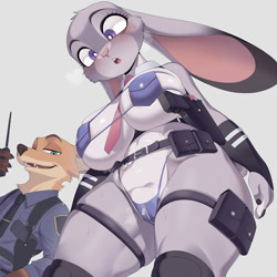 Size: 1378x1378 | Tagged: suggestive, artist:cervina7, judy hopps (zootopia), nick wilde (zootopia), canine, fox, lagomorph, mammal, rabbit, anthro, disney, zootopia, breasts, clothes, female, gun, handgun, huge breasts, looking at you, looking back, looking back at you, looking down, male, nipple outline, pistol, thick thighs, thighs, weapon, wide hips