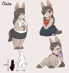 Size: 2500x2650 | Tagged: safe, artist:louart, donkey, equine, mammal, anthro, 2023, bottomwear, clothes, female, height chart, hooves, pants, shirt, sitting, skirt, solo, solo female, topwear, ungulate