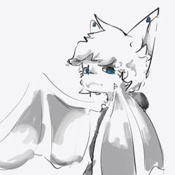 Size: 563x563 | Tagged: safe, artist:willgoindo, bat, mammal, anthro, 2023, ambiguous gender, blue eyes, ear piercing, fangs, fur, hair, looking at you, piercing, sharp teeth, solo, teeth, white body, white fur, white hair, white wings, winged arms, wings