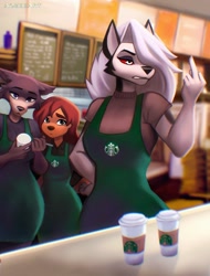 Size: 1186x1559 | Tagged: safe, artist:aozee, juno (beastars), loona (vivzmind), roxanne (a goofy movie), canine, dog, fictional species, hellhound, mammal, wolf, anthro, a goofy movie, beastars, disney, hazbin hotel, helluva boss, 2023, apron, bedroom eyes, black nose, breasts, cheek fluff, clothes, coffee, coffee cup, colored sclera, detailed background, digital art, drink, ears, eyelashes, female, females only, fingers, fluff, fur, hair, middle finger, red sclera, shirt, starbucks, tail, thighs, topwear, trio, trio female, unamused, vulgar, wide hips