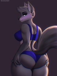 Size: 1209x1607 | Tagged: safe, artist:aozee, oc, oc only, canine, dog, mammal, anthro, 2023, bedroom eyes, bra, breasts, butt, cheek fluff, clothes, commission, digital art, ears, eyelashes, female, fluff, fur, looking at you, looking back, looking back at you, panties, rear view, sideboob, solo, solo female, tail, thighs, underwear, wide hips