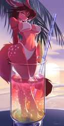 Size: 652x1280 | Tagged: safe, artist:kinuli, oc, oc only, canine, mammal, wolf, anthro, digitigrade anthro, 2022, alcohol, beach, belly button, big breasts, bikini, breasts, clothes, commission, detailed background, digital art, drink, ears, eyelashes, female, fur, looking at you, macro, martini, solo, solo female, swimsuit, tail, thighs, wide hips, ych result