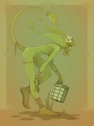 Size: 1310x1748 | Tagged: safe, artist:shugariosa, oc, oc:nessel, elf, fictional species, goblin, hybrid, mammal, humanoid, barefoot, big feet, braids, dirty feet, dirty soles, ears, feet, female, flower, flower in hair, flower on head, green skin, hair, hair accessory, long ears, looking at you, mud, nudity, plant, pointy ears, skin, smiling, smiling at you, soles, solo, solo female, tail, thick thighs, thighs, toes