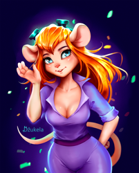 Size: 900x1119 | Tagged: safe, artist:dzukela, gadget hackwrench (chip 'n dale: rescue rangers), mammal, mouse, rodent, anthro, chip 'n dale: rescue rangers, disney, 2022, big breasts, breasts, buckteeth, clothes, digital art, ears, eyelashes, female, fur, goggles, goggles on head, hair, looking at you, murine, open mouth, pink nose, solo, solo female, tail, teeth, thighs, wide hips