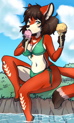 Size: 778x1280 | Tagged: suggestive, artist:bunbunart, oc, oc:poppy (lavallett1), canine, fox, mammal, wolf, anthro, barefoot, belly button, bikini, body markings, breasts, clothes, commission, cute, dipstick tail, female, food, freckles, green bikini, green swimsuit, ice cream, ice cream cone, licking, looking at you, suggestive eating, swimsuit, tail, tongue, tongue out, water, ych, ych result