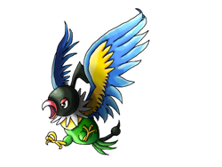 Size: 640x480 | Tagged: safe, artist:nobumash, bird, chatot, fictional species, nintendo, pokémon, 2011, ambiguous gender, beak, claws, flying, open mouth, simple background, solo, solo ambiguous, spread wings, talons, white background, wings