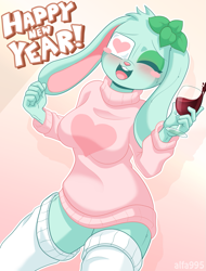 Size: 971x1280 | Tagged: safe, artist:alfa995, oc, oc only, oc:mint (alfa995), lagomorph, mammal, rabbit, anthro, 2023, belly button, breasts, clothes, digital art, ears, eyelashes, eyes closed, female, fur, holiday, hoodie, legwear, new year, open mouth, pink nose, solo, solo female, stockings, tail, thighs, tongue, topwear, wide hips