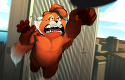 Size: 5928x3792 | Tagged: safe, artist:elicitie, ming lee (turning red), mammal, red panda, anthro, disney, pixar, turning red, 9/11, absurd resolution, aircraft, airplane, angry, city, female, giantess, macro, meme, vehicle, world trade center