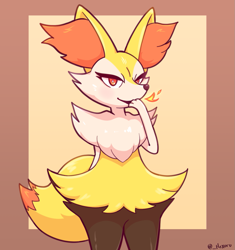 Size: 1135x1210 | Tagged: safe, artist:hexuru, braixen, canine, fictional species, mammal, anthro, digitigrade anthro, nintendo, pokémon, 2021, 3 fingers, 3 toes, ambiguous gender, artist name, black body, black fur, black nose, breath powers, brown background, bust, chest fluff, colored, colored pupils, digital art, ear fluff, elemental manipulation, eyelashes, feet, fingers, fire, fire breathing, fire manipulation, fluff, front view, fur, fur tuft, generation 6 pokemon, happy, high res, hip tuft, iris, long tail, looking at you, multicolored body, multicolored fur, multicolored tail, open mouth, open smile, orange body, orange eyes, orange fur, orange inner ear fluff, orange tail, paws, pokemon (species), portrait, prick ears, pupils, shaded, shoulder tuft, signature, simple background, smiling, smiling at viewer, snout, solo, solo ambiguous, standing, starter pokémon, tail, tail fluff, text, toes, two toned tail, white body, white fur, white pupils, wide hips, yellow background, yellow body, yellow ears, yellow fur, yellow inner ear, yellow tail