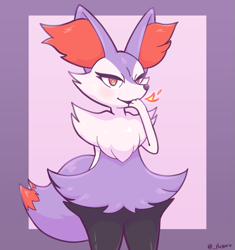 Size: 1135x1210 | Tagged: safe, artist:hexuru, braixen, canine, fictional species, mammal, shiny pokémon, anthro, digitigrade anthro, nintendo, pokémon, 2021, 3 fingers, 3 toes, ambiguous gender, artist name, black body, black fur, black nose, breath powers, bust, chest fluff, colored, colored pupils, digital art, ear fluff, elemental manipulation, eyelashes, feet, fingers, fire, fire breathing, fire manipulation, fluff, front view, fur, fur tuft, generation 6 pokemon, happy, high res, hip tuft, iris, long tail, looking at you, multicolored body, multicolored fur, multicolored tail, open mouth, open smile, paws, pokemon (species), portrait, prick ears, pupils, purple background, purple body, purple ears, purple fur, purple inner ear, purple tail, red body, red eyes, red fur, red inner ear fluff, red tail, shaded, shiny braixen, shoulder tuft, signature, simple background, smiling, smiling at viewer, snout, solo, solo ambiguous, standing, starter pokémon, tail, tail fluff, text, toes, two toned tail, white body, white fur, white pupils, wide hips