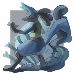 Size: 3200x3200 | Tagged: safe, artist:みけのら:3k, fictional species, lucario, mammal, anthro, nintendo, pokémon, 2019, abstract background, ambiguous gender, blue body, blue fur, border, digital art, fur, red eyes, signature, solo, solo ambiguous, white border