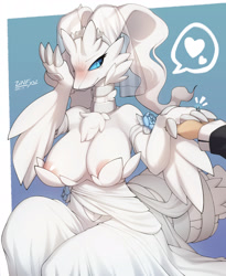 Size: 3180x3880 | Tagged: suggestive, artist:zinfyu, fictional species, human, legendary pokémon, mammal, reshiram, anthro, nintendo, pokémon, 2023, absolute cleavage, adorasexy, areola, areola slip, big breasts, blushing, border, breasts, bride, cleavage, cleavage fluff, clothes, cute, dress, female, female focus, fluff, hand hold, heart, holding, huge breasts, love heart, sexy, solo focus, tears of joy, teary eyes, thick thighs, thighs, wavy mouth, wedding dress, wedding ring, white border, wide hips