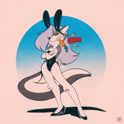 Size: 1280x1280 | Tagged: safe, artist:fox-popvli, loona (vivzmind), canine, fictional species, hellhound, mammal, anthro, plantigrade anthro, hazbin hotel, helluva boss, angry, bunny ears, bunny suit, carrot, clothes, female, food, hair, hair over one eye, high heels, shoes, solo, solo female, thick thighs, thighs, vegetables, wide hips