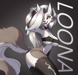 Size: 2048x1986 | Tagged: safe, artist:illux_art, loona (vivzmind), canine, fictional species, hellhound, mammal, anthro, hazbin hotel, helluva boss, 2022, belly button, bikini, black nose, breasts, butt, clothes, colored sclera, digital art, ear fluff, female, fluff, fur, gray hair, hair, legwear, long hair, looking at you, nipple outline, open mouth, pose, rear view, red sclera, sharp teeth, smiling, smiling at you, solo, solo female, stockings, swimsuit, tail, tail fluff, teeth, thighs, tongue, wide hips