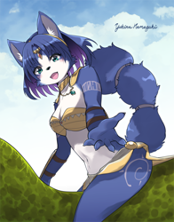 Size: 1280x1630 | Tagged: safe, artist:yukina-namagaki, krystal (star fox), canine, dinosaur, fox, mammal, anthro, nintendo, star fox, 2021, accessories, bikini, bikini top, black nose, breasts, clothes, digital art, female, fur, hair, jewelry, loincloth, looking at you, necklace, open mouth, scales, shoulder pads, sitting, solo, solo female, swimsuit, tail, thighs, tongue, tribal markings, vixen, wide hips