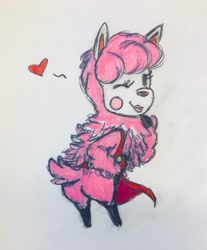 Size: 1692x2048 | Tagged: safe, artist:littlemissyxdl, reese (animal crossing), alpaca, mammal, anthro, unguligrade anthro, animal crossing, nintendo, apron, butt, clothes, female, fluff, heart, hooves, looking at you, love heart, naked apron, one eye closed, rear view, smiling, solo, solo female, tail, winking