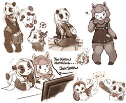 Size: 1000x817 | Tagged: safe, artist:shalinka, reese (animal crossing), oc, oc:shalinka (shalinka), alpaca, bear, bird, bird of prey, dragon, fictional species, mammal, owl, panda, anthro, animal crossing, game of thrones, nintendo, 2014, ball, beach ball, breasts, bucket, camelid, cleavage, clothes, doodle, dot eyes, eyes closed, female, heart, horns, looking at you, love heart, lying down, monochrome, one eye closed, one-piece swimsuit, open mouth, open smile, prone, raised arm, smiling, speech bubble, spread wings, swimsuit, television, ungulate, watching tv, wings, winking