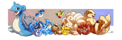 Size: 1400x458 | Tagged: safe, artist:shalinka, animate plant, arcanine, dragonair, dratini, eevee, eeveelution, fictional species, fish, horsea, lapras, mammal, ninetales, pikachu, vaporeon, vulpix, weepinbell, feral, nintendo, pokémon, ambiguous gender, brown eyes, fins, fluff, horn, lying down, multiple tails, nine tails, on back, on model, on side, open mouth, open smile, paw pads, paws, prone, purple eyes, red eyes, serpentine, shell, six tails, smiling, tail, upside down