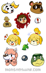 Size: 411x653 | Tagged: safe, artist:monsterhunk, isabelle (animal crossing), k.k. slider (animal crossing), kapp'n (animal crossing), reese (animal crossing), tom nook (animal crossing), villager (animal crossing), alpaca, canine, dog, fictional species, human, kappa, mammal, raccoon dog, shih tzu, anthro, animal crossing, nintendo, 2014, arm hooves, blood, blood stains, blush sticker, blushing, cloven hooves, eyes closed, female, fluff, fossil, head fluff, head tuft, hooves, leaf, lidded eyes, male, money bag, open mouth, open smile, pitfall (animal crossing), sleeping, smiling